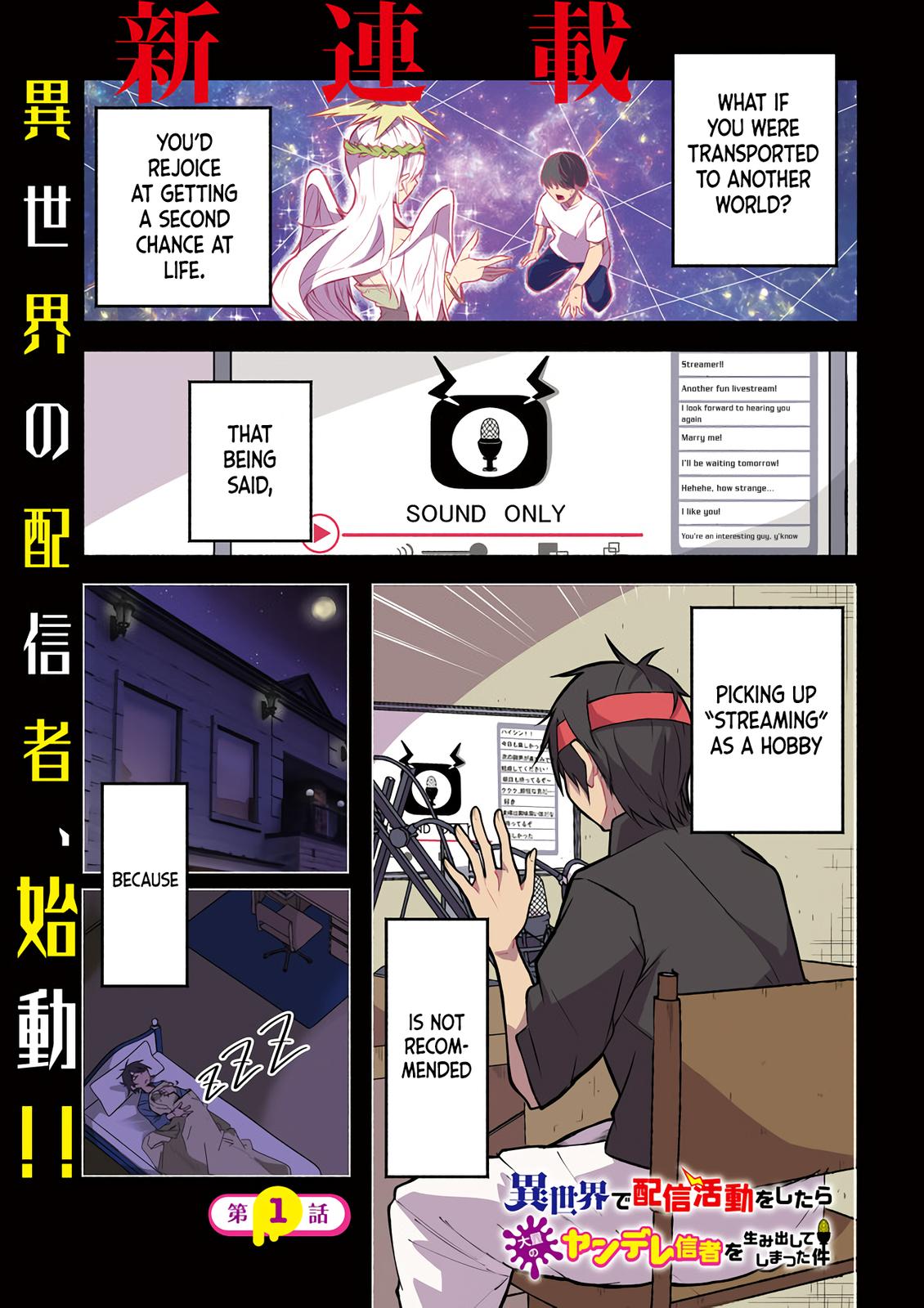 Isekai de Haishin Katsudou wo Shitara Tairyou no Yandere Shinja wo Umidashiteshimatta Ken Chap 1 - Next Chap 2