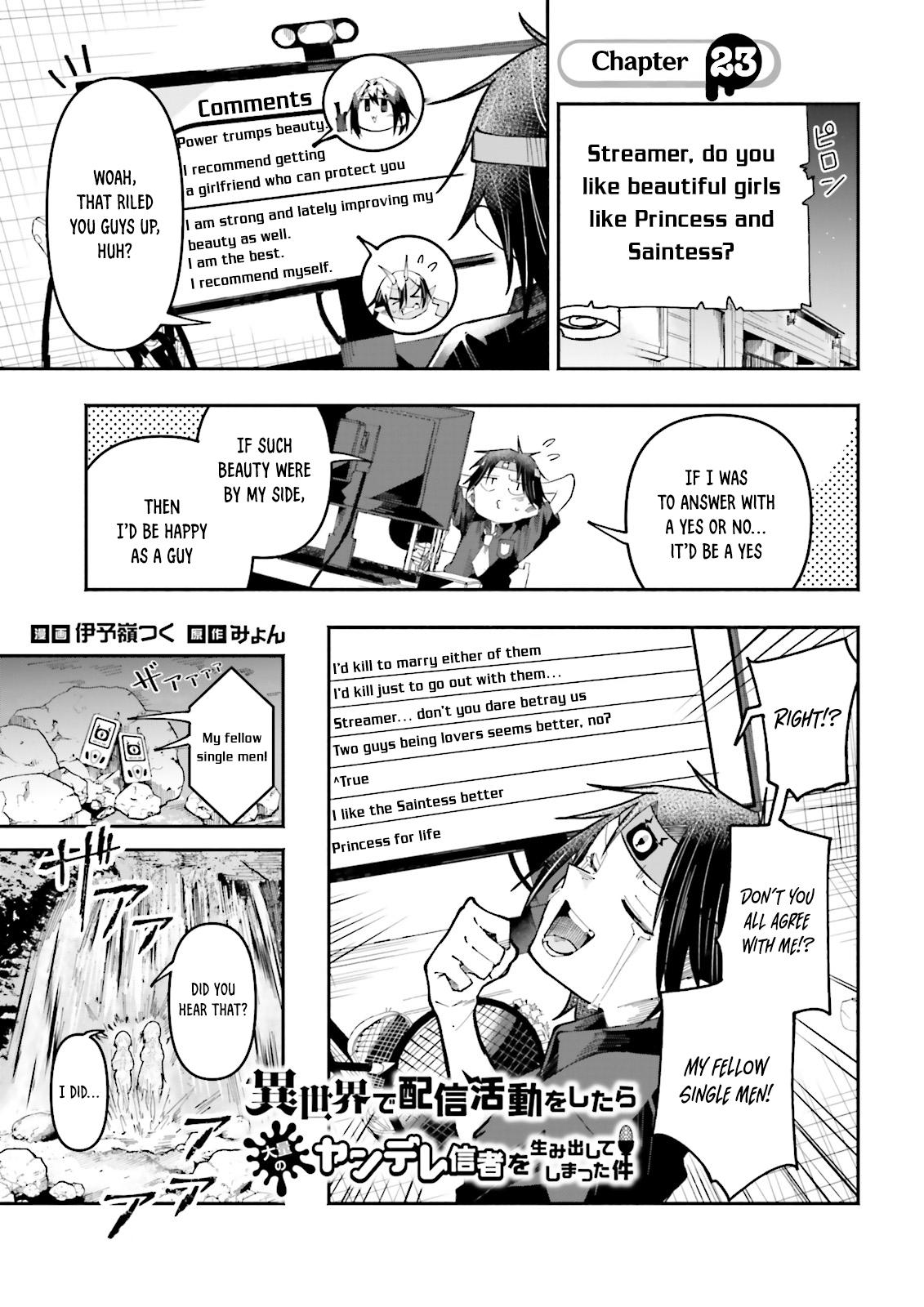 Isekai de Haishin Katsudou wo Shitara Tairyou no Yandere Shinja wo Umidashiteshimatta Ken Chap 23 - Next Chap 24