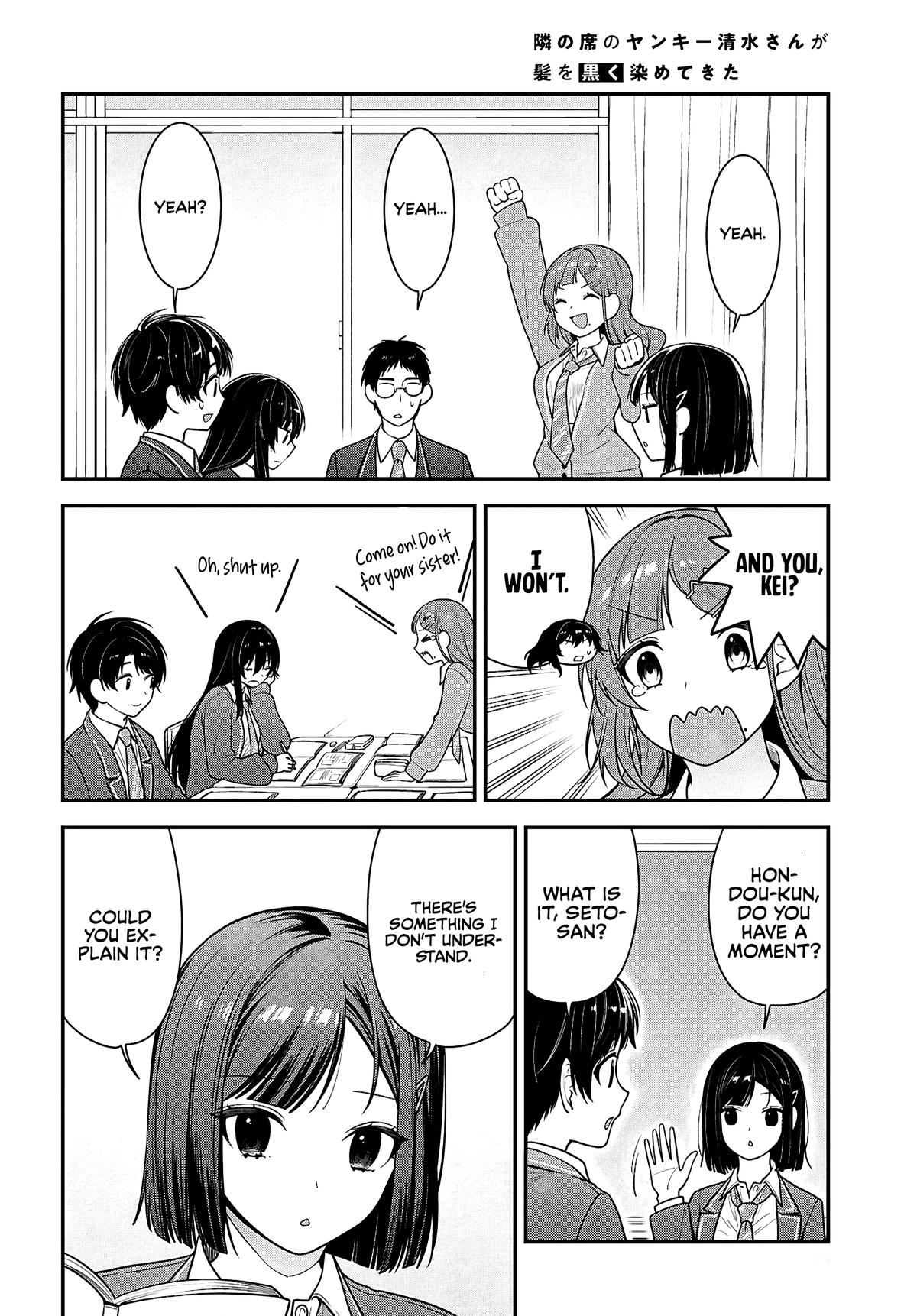 Tonari no Seki no Yankee Shimizu-san ga Kami wo Kuroku Sometekita Chap 12 - Next Chap 13